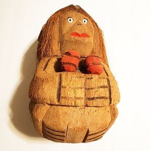 VINTAGE Hand Carved Coconut Maraca Woman